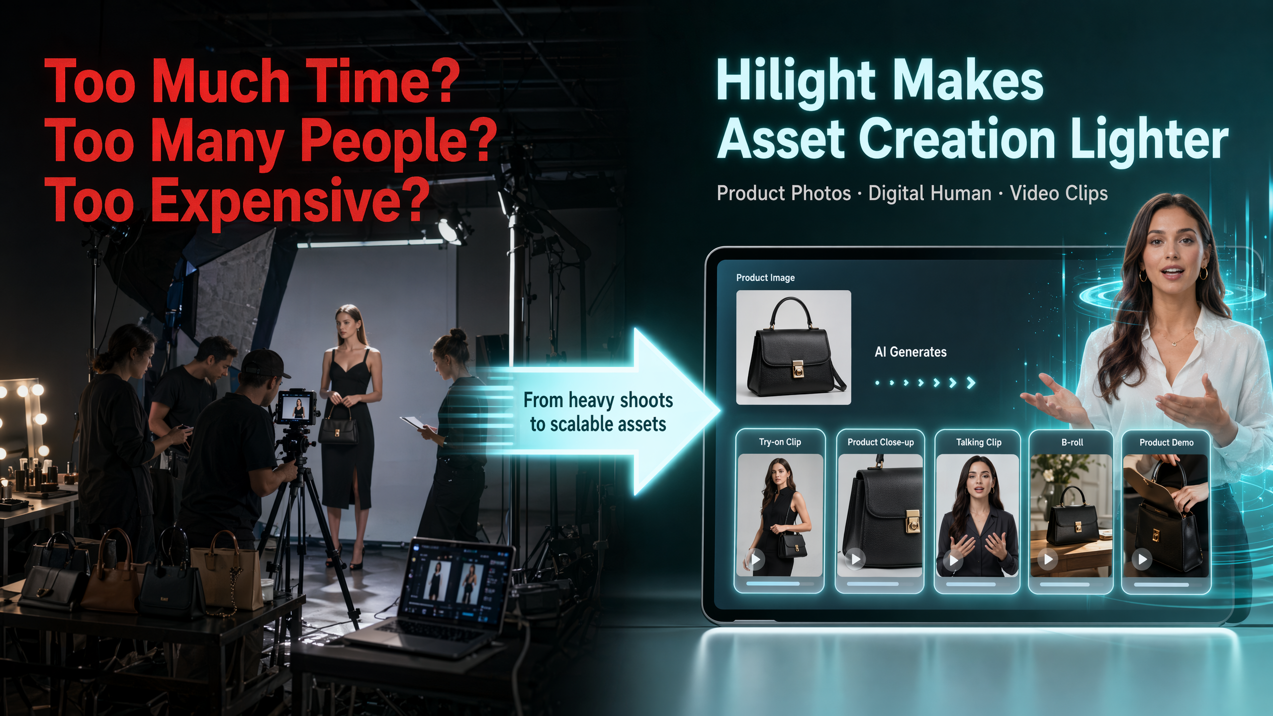 Traditional studio production compared with lightweight Hilight AI asset creation