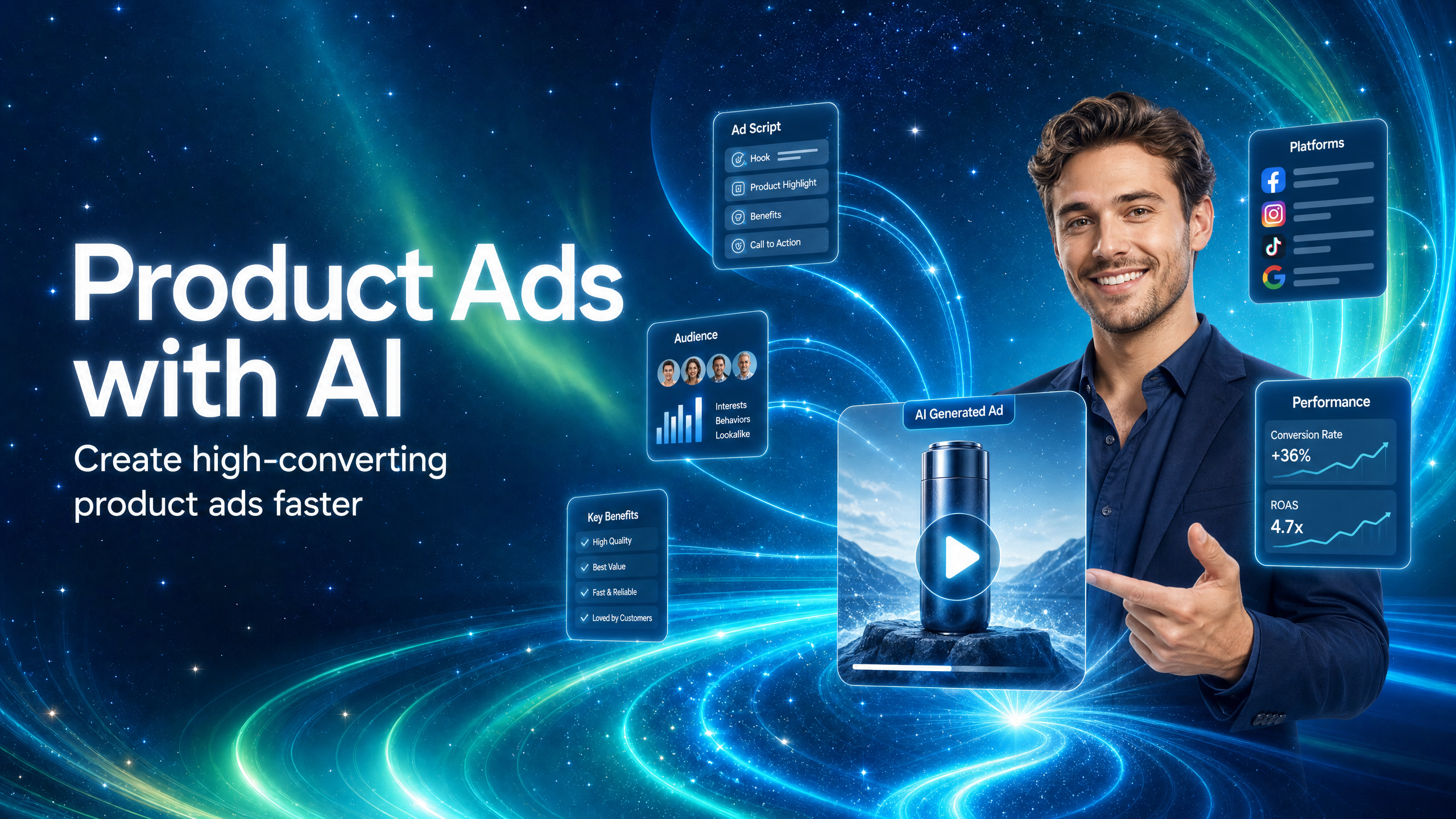 Product Ads with AI hero showing Hilight turning audience, benefits, ad script, platforms, and product context into a product ad video