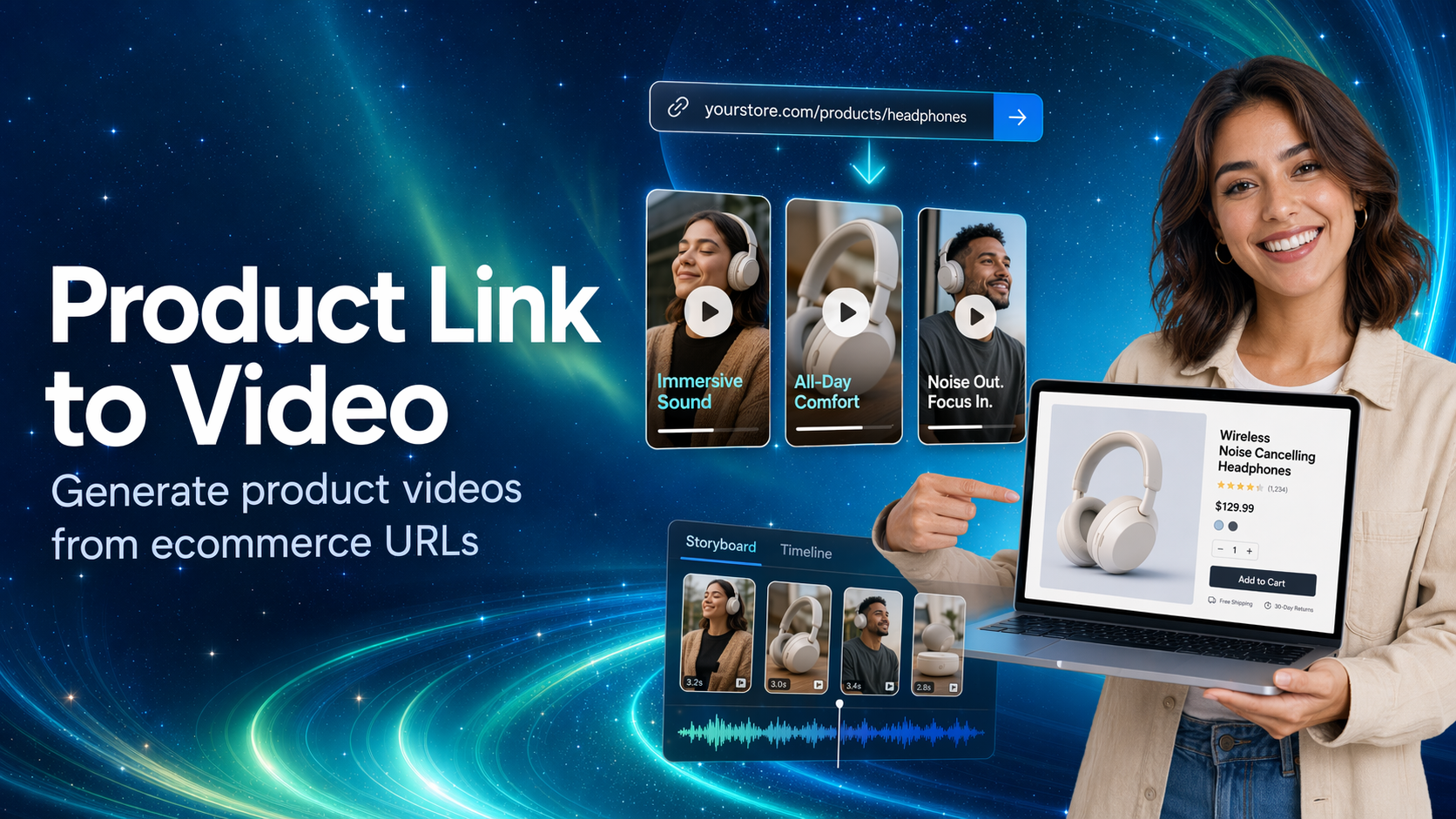 Product Link to Video hero showing ecommerce URL turning into product videos