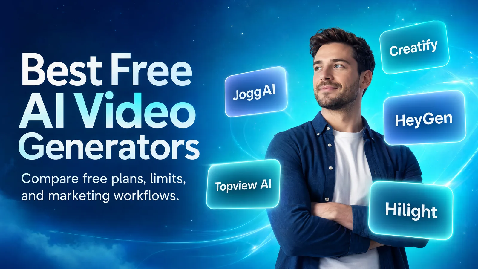 Best Free AI Video Generators hero comparing free plans, limits, and marketing workflows