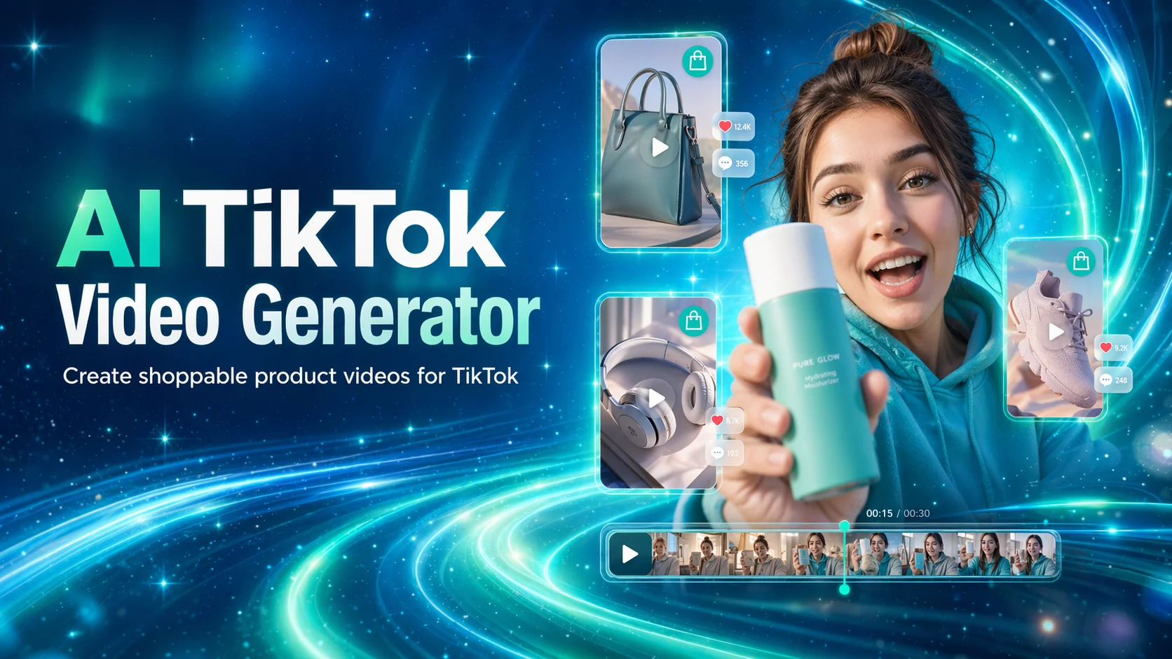 AI TikTok Video Generator hero with ecommerce product videos