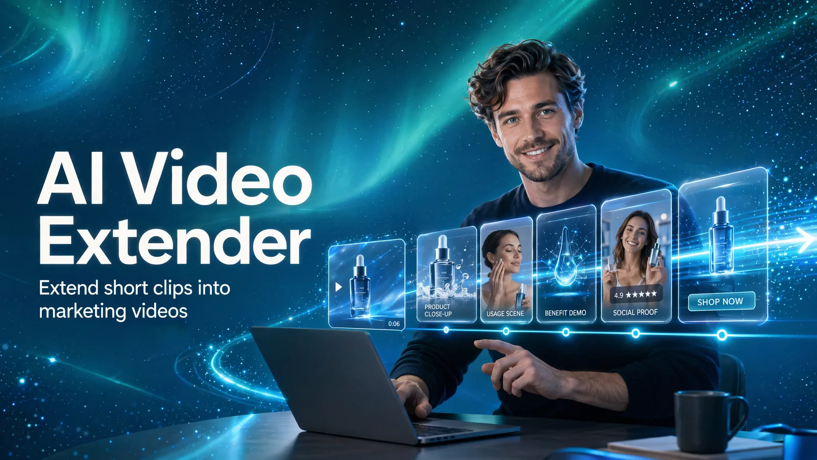 AI Video Extender turns short product clips into marketing videos with product close-ups, usage scenes, benefit demos, social proof, and calls to action.