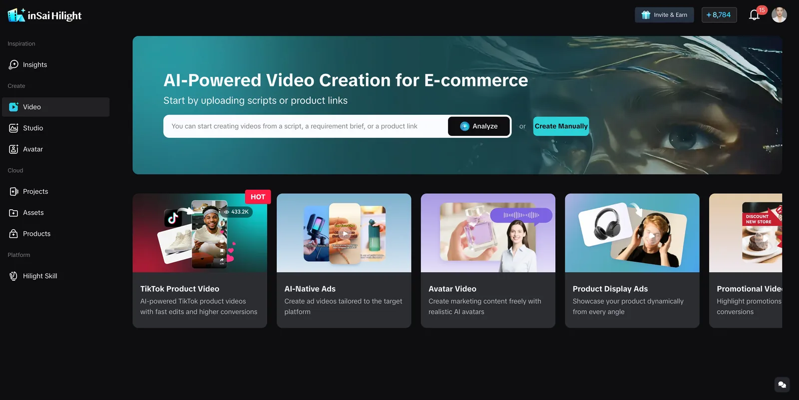 Hilight Smart Video gives ecommerce teams a product-first place to turn existing product ideas, links, assets, and scripts into new marketing video versions.