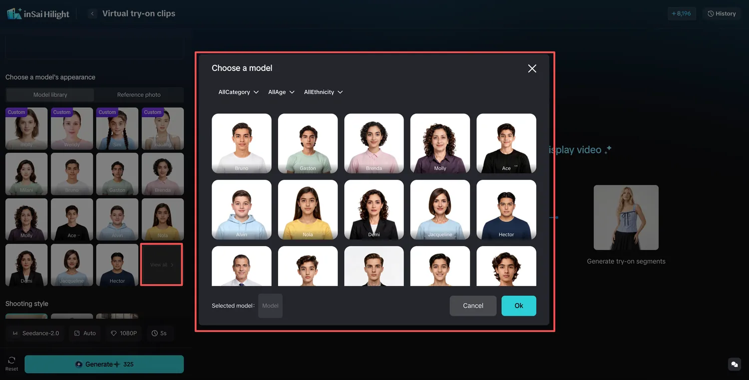 inSai Hilight model selection for virtual try-on