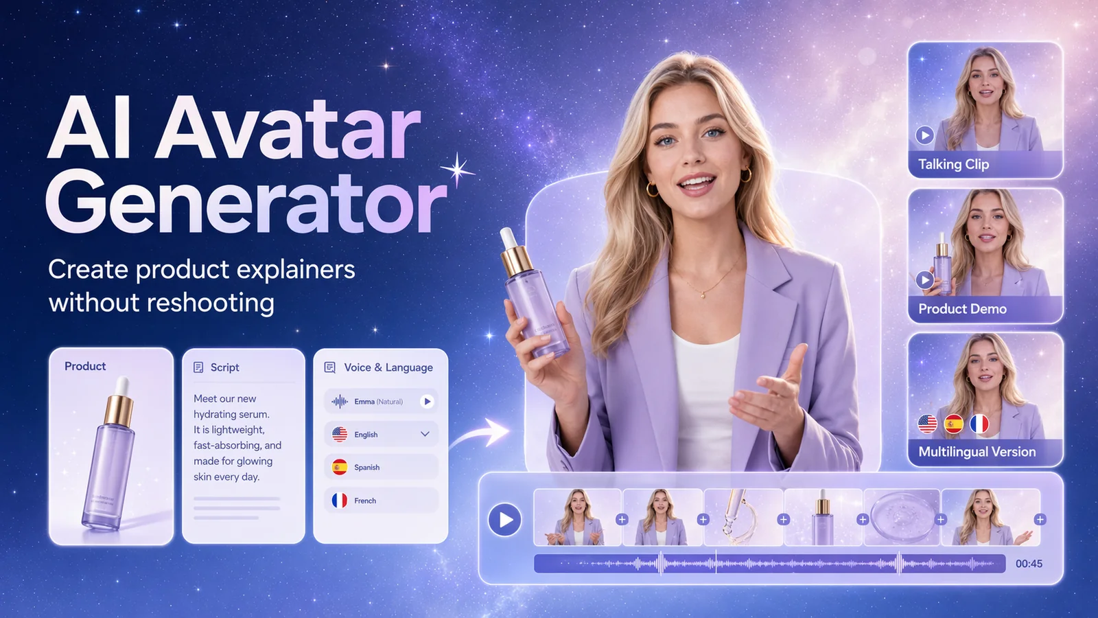 AI Avatar Generator 首图，展示数字人口播、商品讲解和多语言版本