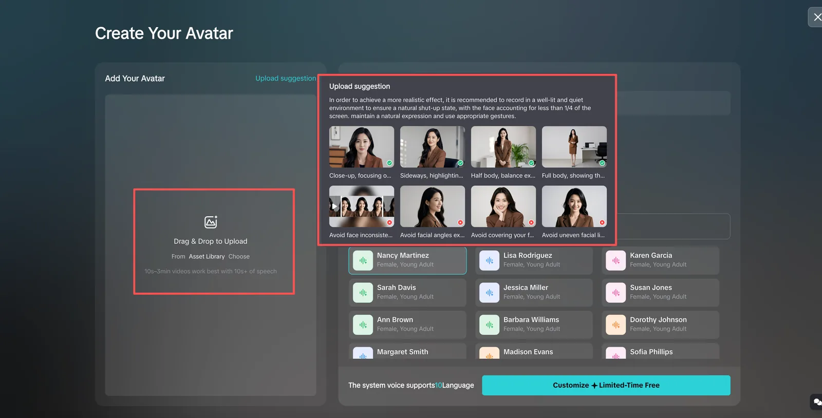 Hilight custom AI avatar creation screen in English