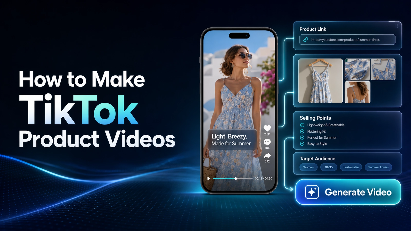 如何制作 TikTok 商品视频教程封面,展示商品链接、产品卖点、目标受众和生成视频流程