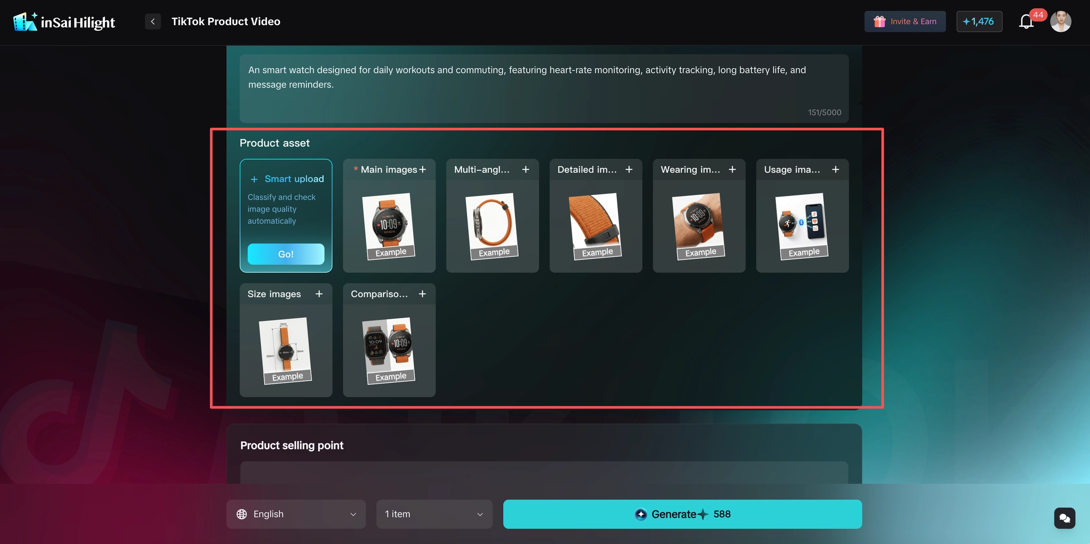 TikTok Product Video page showing product assets organized by image role