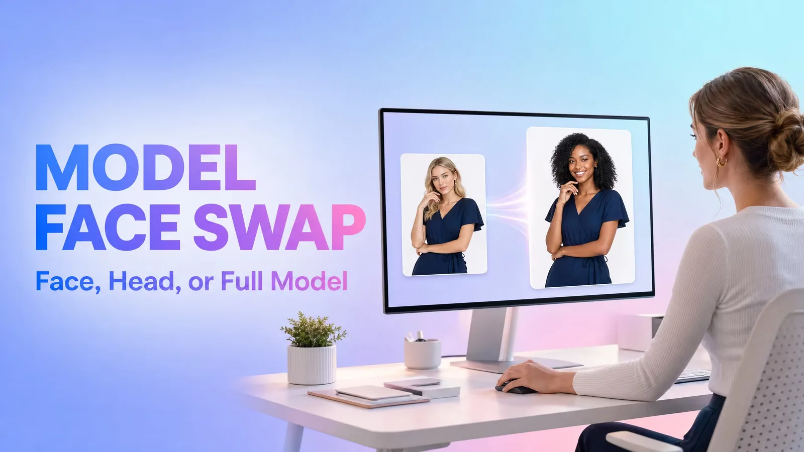 Model face swap tutorial showing face, head, and full-model replacement
