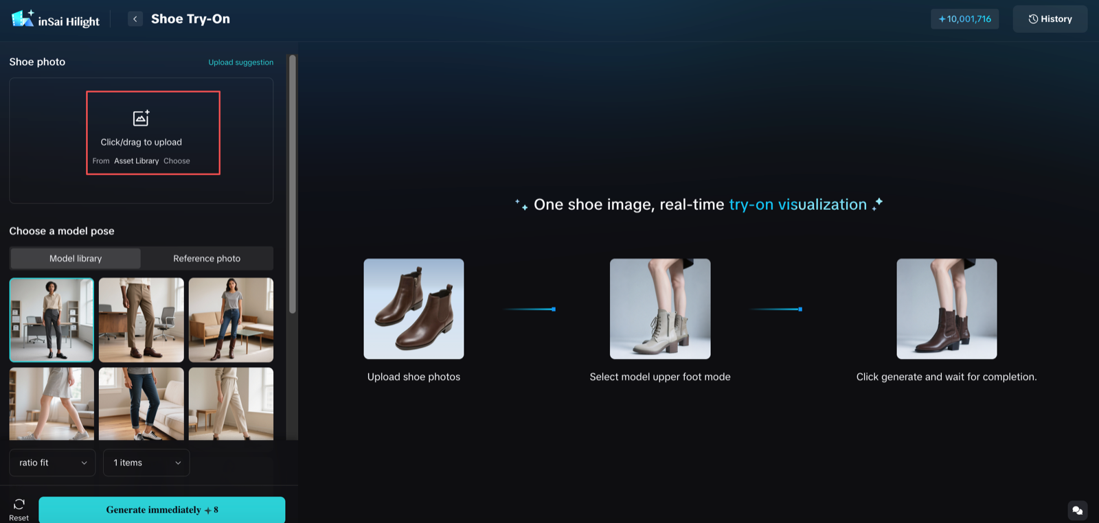 Hilight Shoe Try-On Image Tool with shoe upload and model pose options
