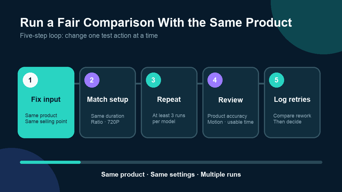 Animated five-step workflow for comparing Wan 3.0 and Seedance 2.5 with the same product