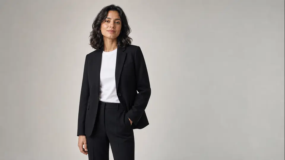 A black blazer changed to a sand-colored linen jacket