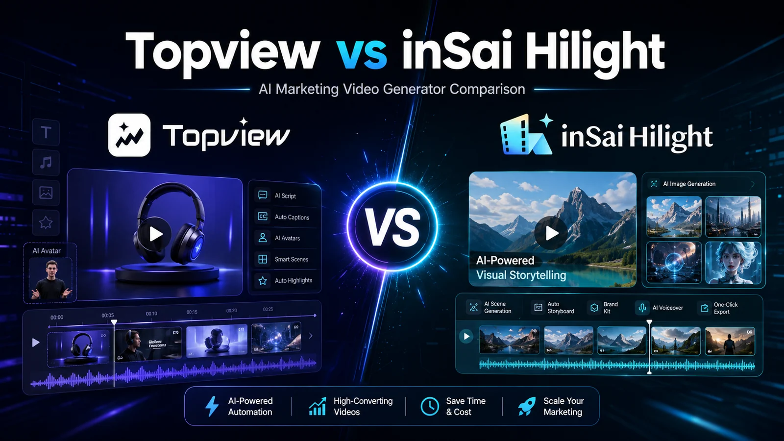 Topview versus inSai Hilight comparison cover with AI video editing and visual storytelling panels