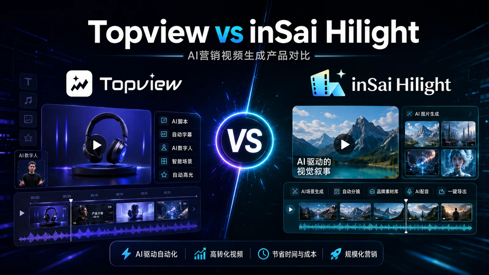 Topview 与 inSai Hilight 对比封面，展示 AI 视频编辑与视觉叙事画面