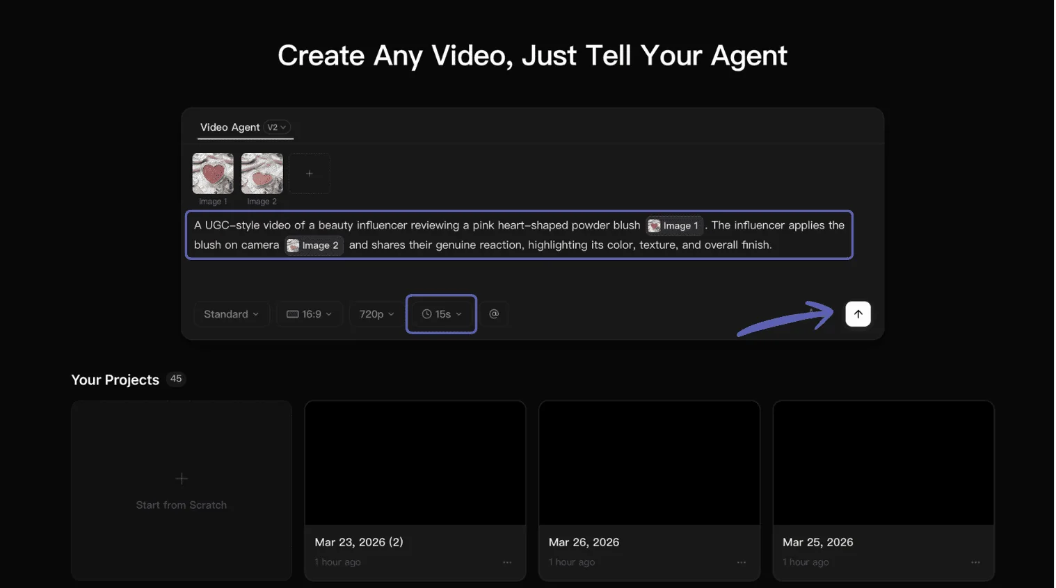 Topview Video Agent V2 上传界面，包含商品图、制作要求、画幅、分辨率和时长设置