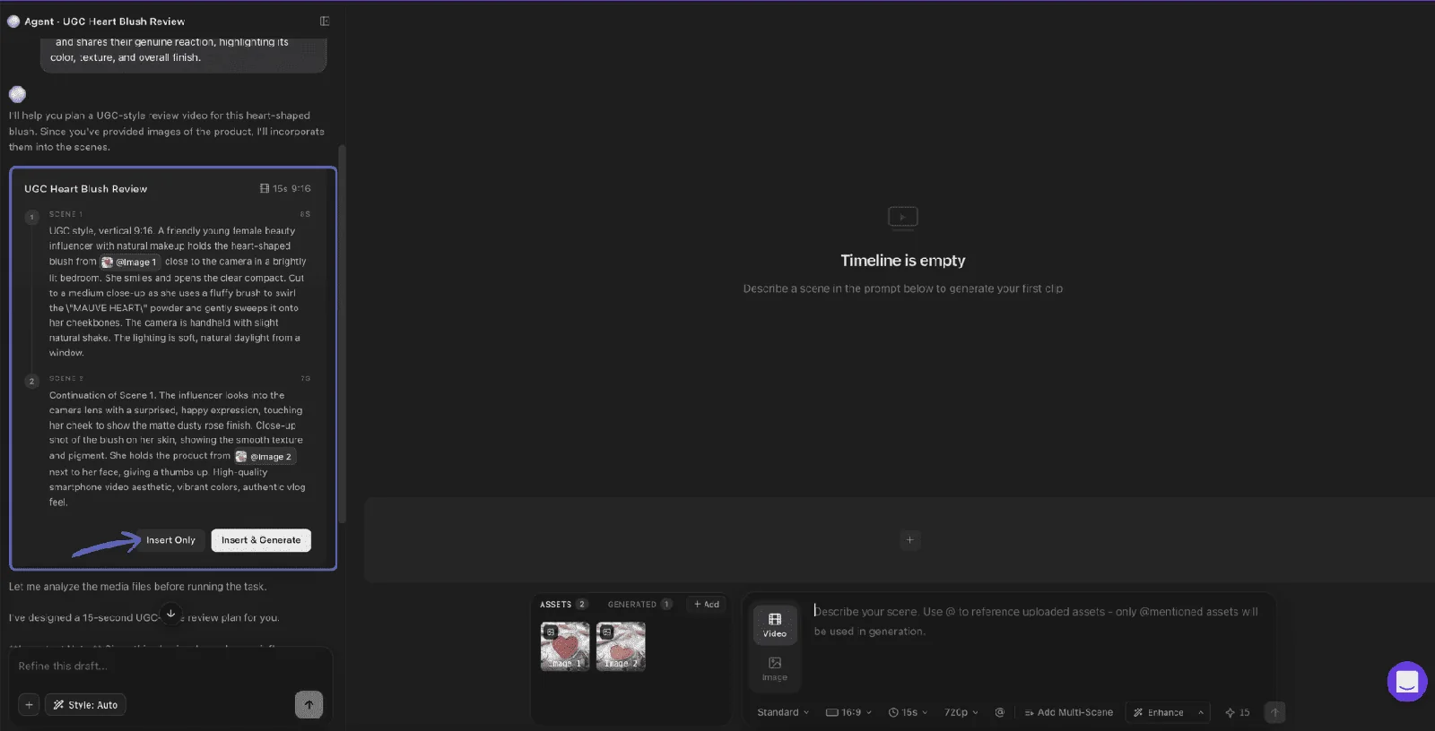 Topview Video Agent V2 提示词审核界面，展示两个场景以及 Insert Only 和 Insert and Generate 控制