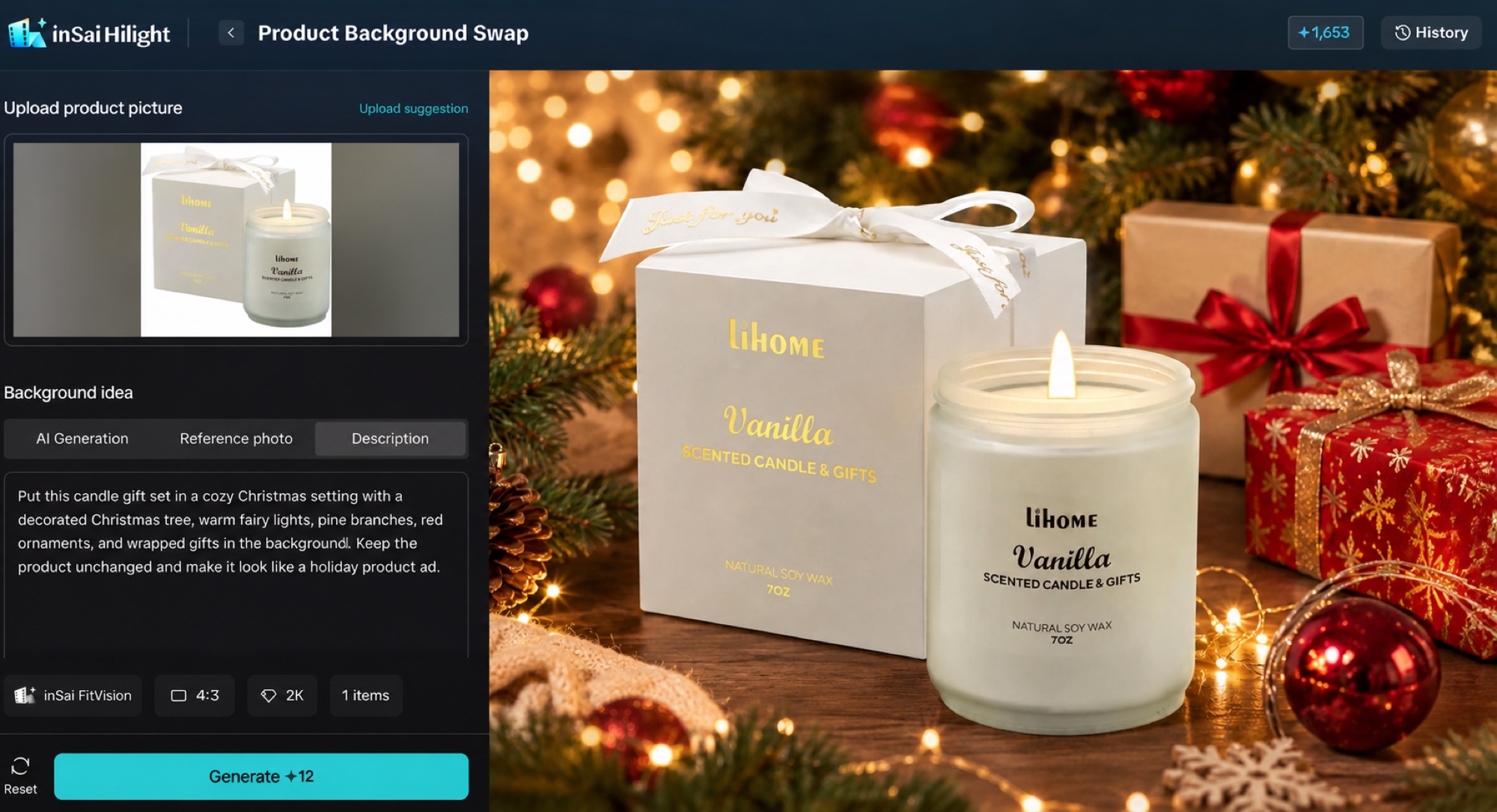 Hilight Product Background Swap workspace with an English prompt and a Christmas candle gift scene