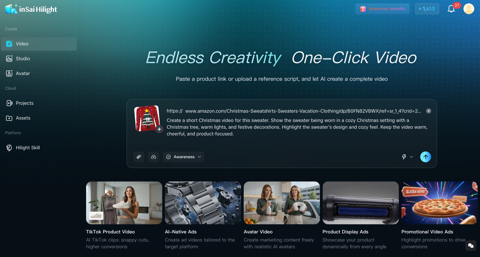 Hilight Smart Video workspace with a Christmas sweater product link and English campaign brief
