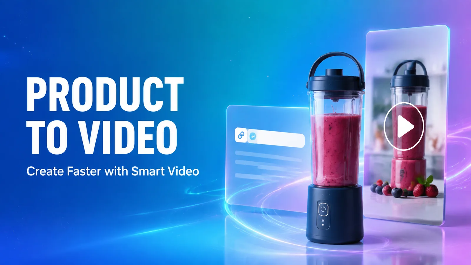 A portable blender moves from a product-link card into a vertical product-video frame in a blue, cyan, and lilac Smart Video tutorial cover.
