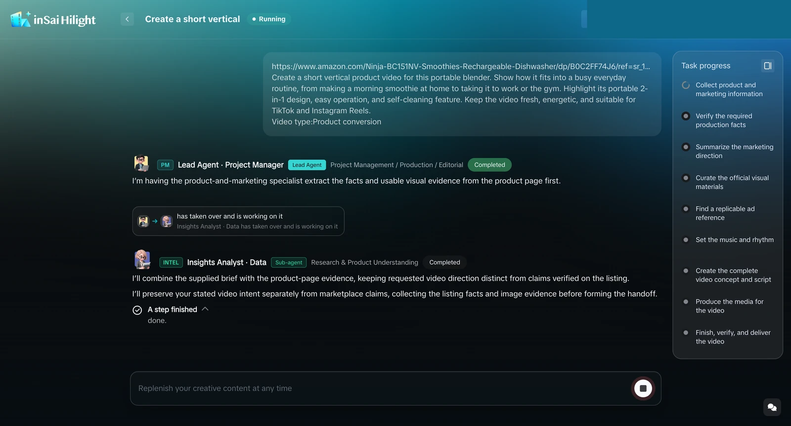 Hilight Smart Video task screen showing Agent activity and the complete product-video generation progress list.