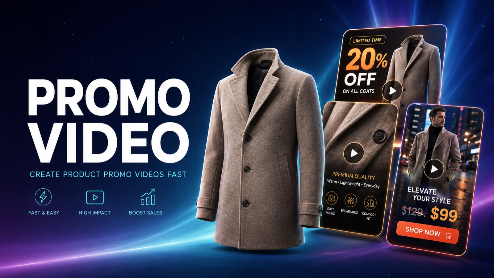 A coat surrounded by promotional video ad examples for a promo video maker tutorial