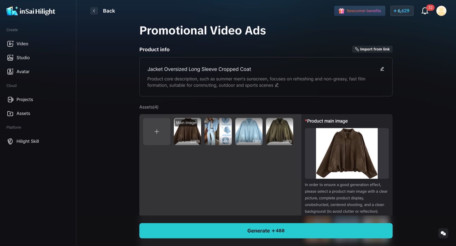 Hilight Promotional Video Ads product input screen with four coat images and a selected main image