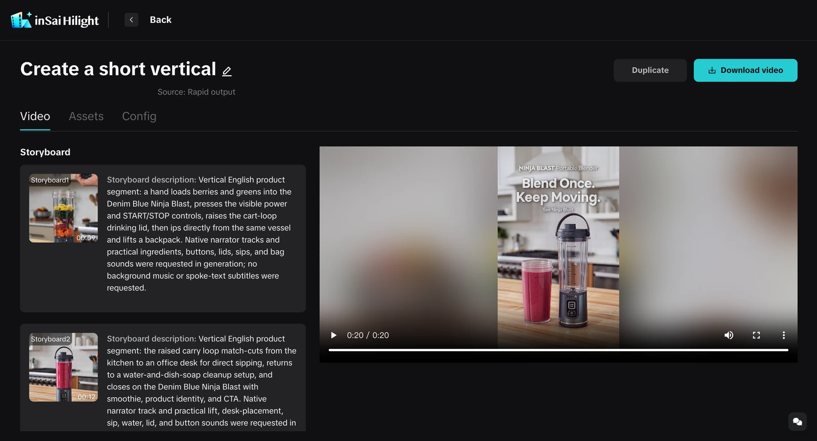 Hilight result page with storyboard descriptions, a completed vertical video preview, and the Download video button