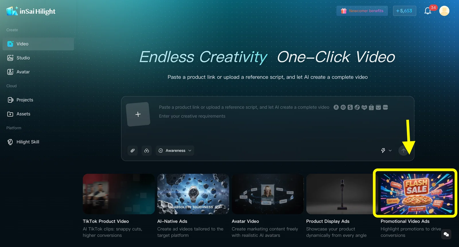 Hilight Smart Video home screen with product-link and reference-script inputs and a Promotional Video Ads scenario
