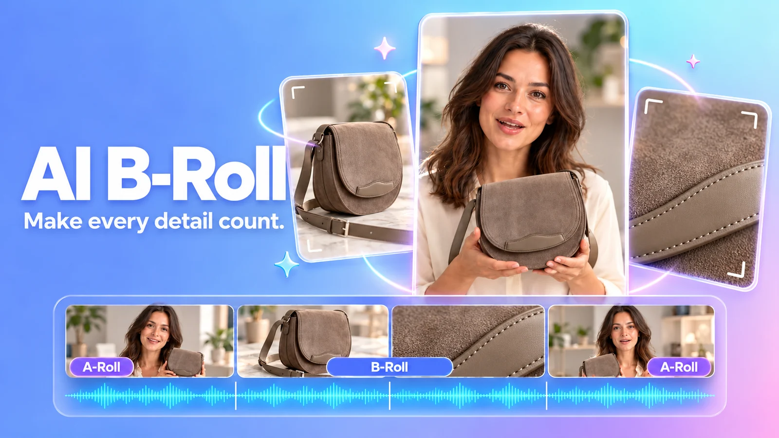 AI B-Roll: avatar presentation and close-up clips of a taupe suede bag